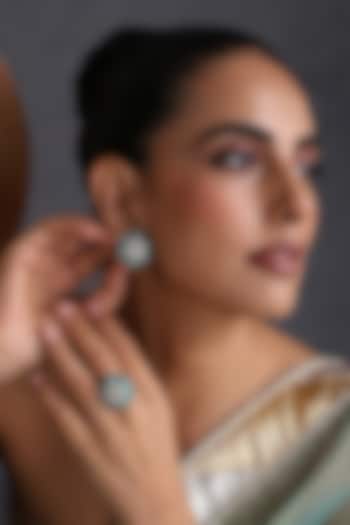 Gold Finish Blue Kundan Polki Handcrafted Stud Earrings With Ring by Swabhimann Jewellery at Pernia's Pop Up Shop