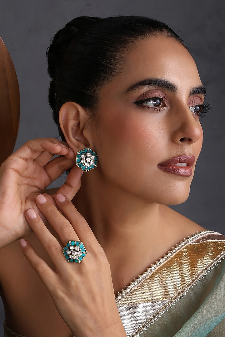 Gold Finish Blue Kundan Polki Handcrafted Stud Earrings With Ring by Swabhimann Jewellery at Pernia's Pop Up Shop