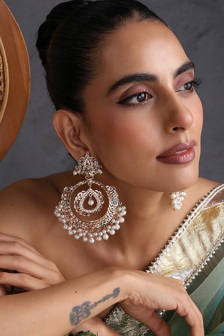 Gold Finish Kundan Polki Handcrafted Jadau Chandbali Earrings by Swabhimann Jewellery at Pernia's Pop Up Shop