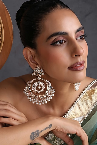 Gold Finish Kundan Polki Handcrafted Jadau Chandbali Earrings by Swabhimann Jewellery