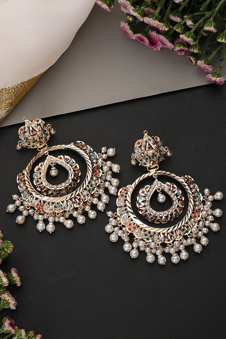 Gold Finish Kundan Polki Handcrafted Jadau Chandbali Earrings by Swabhimann Jewellery at Pernia's Pop Up Shop