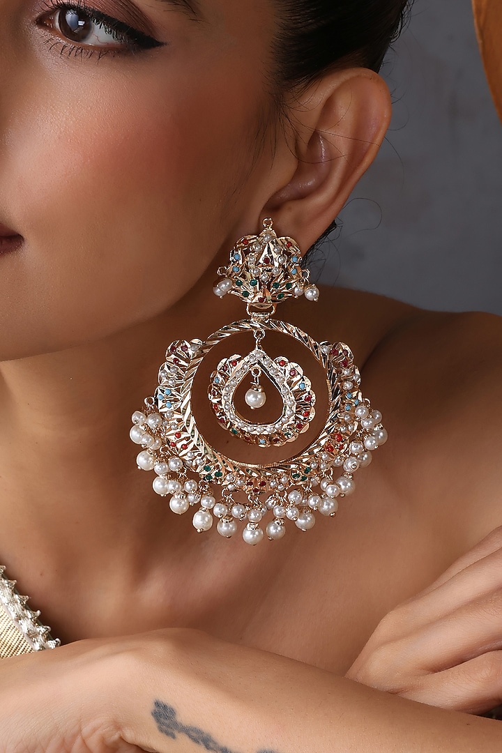 Gold Finish Kundan Polki Handcrafted Jadau Chandbali Earrings by Swabhimann Jewellery at Pernia's Pop Up Shop
