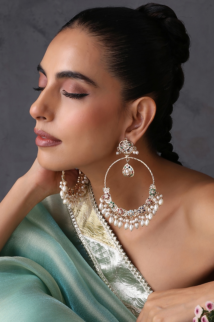 Gold Finish Multi-Colored Kundan Polki Jadau Chandbali Earrings by Swabhimann Jewellery at Pernia's Pop Up Shop