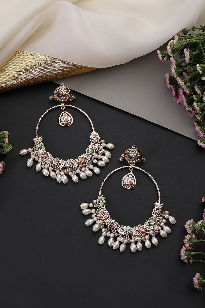 Gold Finish Multi-Colored Kundan Polki Jadau Chandbali Earrings by Swabhimann Jewellery at Pernia's Pop Up Shop