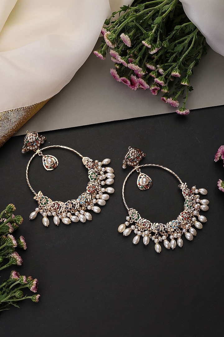 Gold Finish Multi-Colored Kundan Polki Jadau Chandbali Earrings by Swabhimann Jewellery at Pernia's Pop Up Shop
