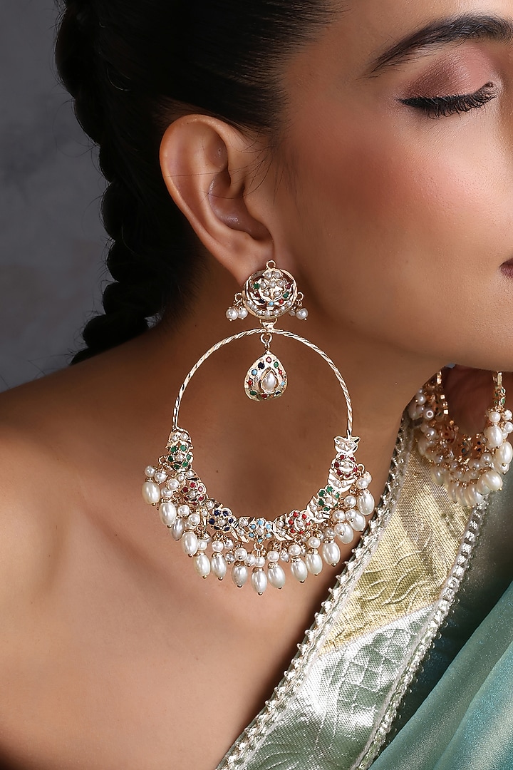 Gold Finish Multi-Colored Kundan Polki Jadau Chandbali Earrings by Swabhimann Jewellery at Pernia's Pop Up Shop