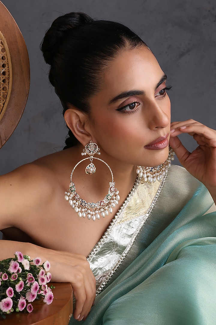 Gold Finish Multi-Colored Kundan Polki Jadau Chandbali Earrings by Swabhimann Jewellery at Pernia's Pop Up Shop