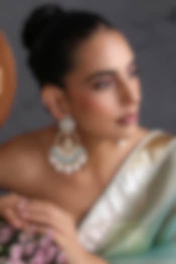 Gold Finish Blue Kundan Polki Jadau Chandbali Earrings by Swabhimann Jewellery at Pernia's Pop Up Shop