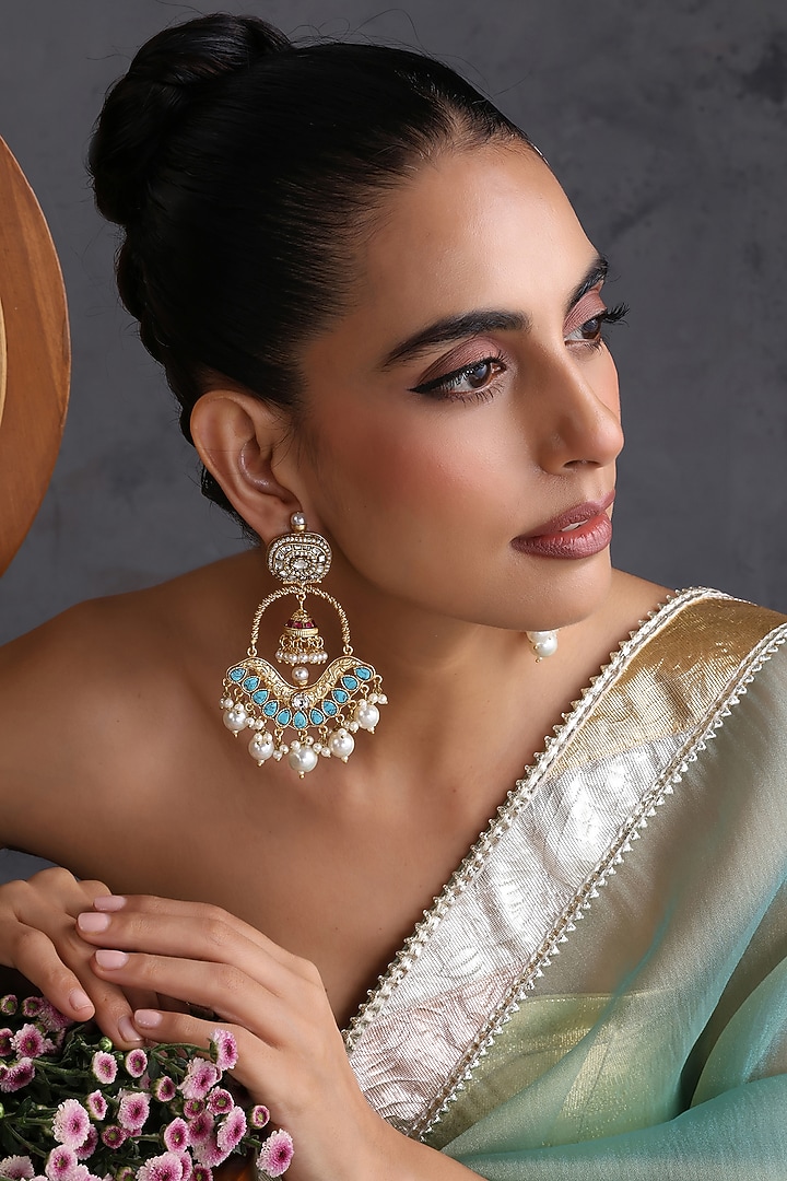 Gold Finish Blue Kundan Polki Jadau Chandbali Earrings by Swabhimann Jewellery at Pernia's Pop Up Shop