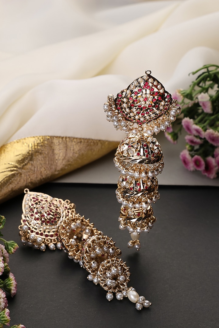Gold Finish Red Kundan Polki Jadau Jhumka Earrings by Swabhimann Jewellery at Pernia's Pop Up Shop