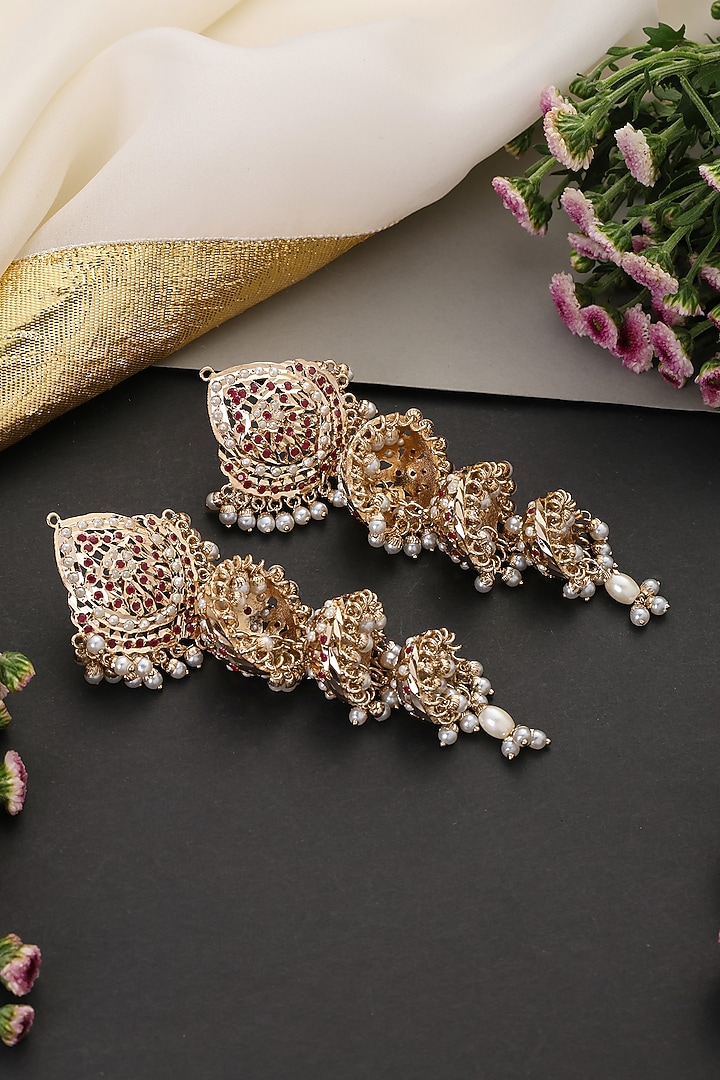 Gold Finish Red Kundan Polki Jadau Jhumka Earrings by Swabhimann Jewellery at Pernia's Pop Up Shop