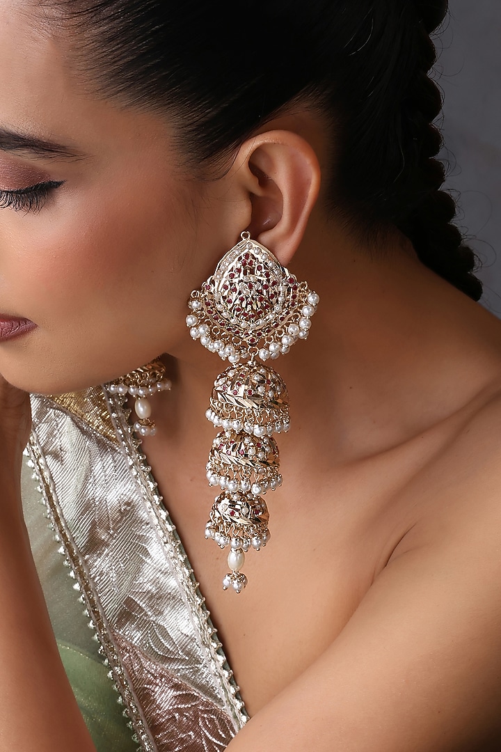 Gold Finish Red Kundan Polki Jadau Jhumka Earrings by Swabhimann Jewellery at Pernia's Pop Up Shop