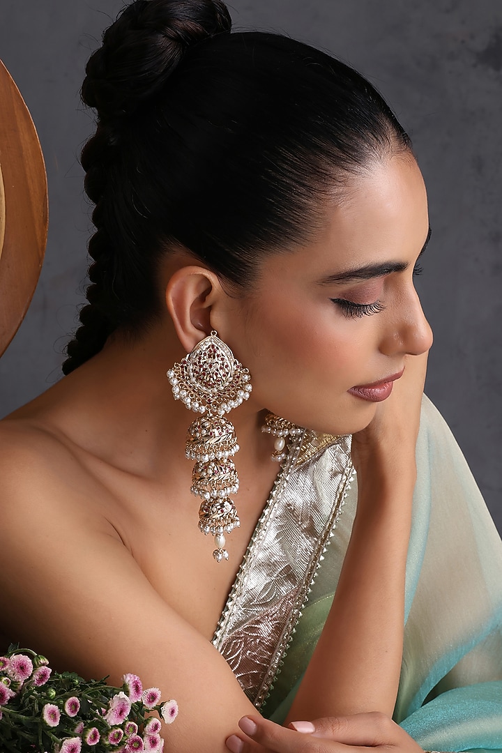 Gold Finish Red Kundan Polki Jadau Jhumka Earrings by Swabhimann Jewellery at Pernia's Pop Up Shop