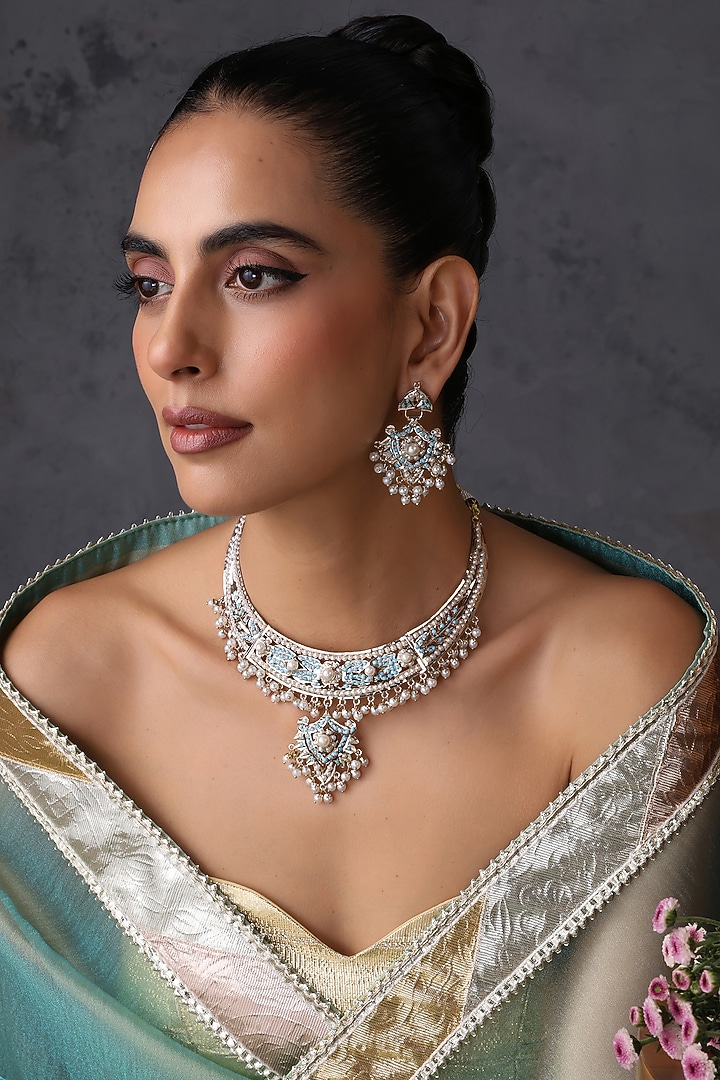 Gold Finish Blue Kundan Polki Jadau Necklace Set by Swabhimann Jewellery at Pernia's Pop Up Shop