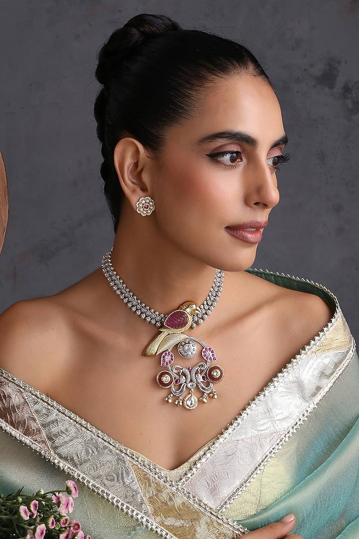 Gold Finish Multi-Colored Kundan Polki Pendant Necklace by Swabhimann Jewellery at Pernia's Pop Up Shop