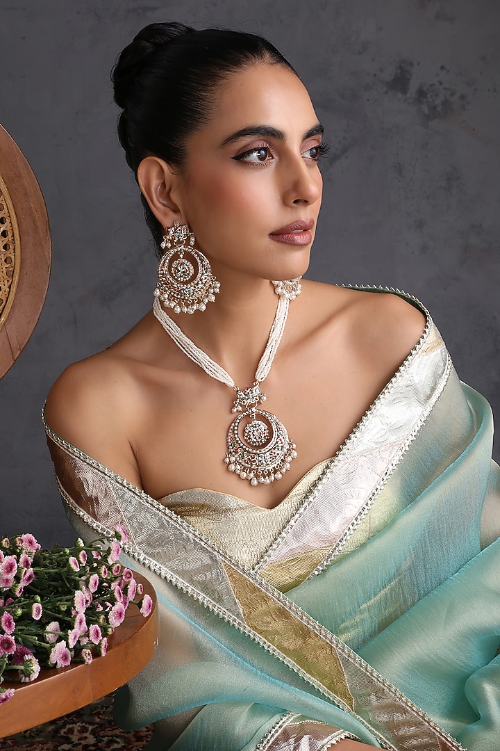 White Gold Finish Kundan Polki Jadau Pendant Necklace Set by Swabhimann Jewellery at Pernia's Pop Up Shop