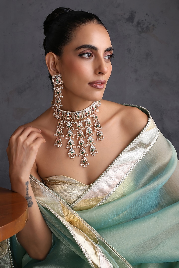Gold Finish Multi-Colored Kundan Polki Jadau Choker Necklace Set by Swabhimann Jewellery at Pernia's Pop Up Shop