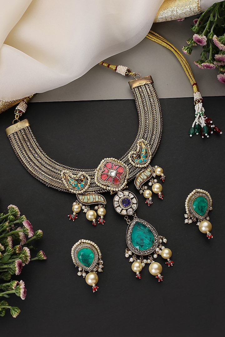 Gold Finish Kundan Polki & Emerald Stone Hasli Necklace Set by Swabhimann Jewellery at Pernia's Pop Up Shop