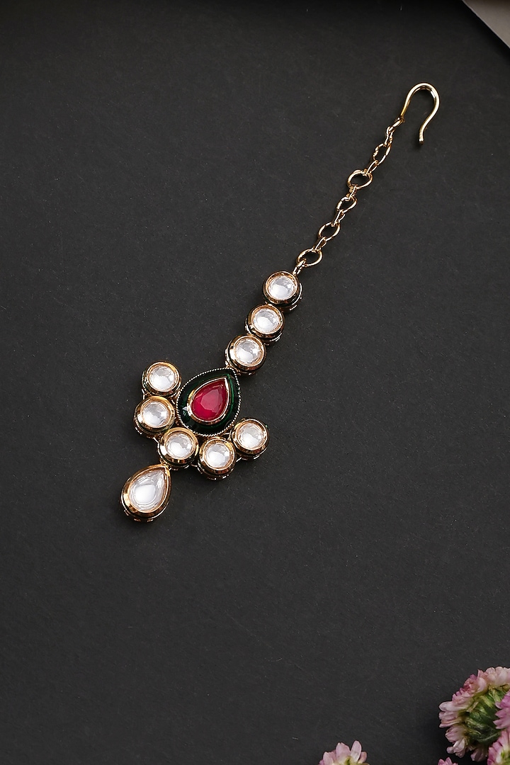 Gold Finish Red Kundan Polki Handcrafted Maangtikka by Swabhimann Jewellery at Pernia's Pop Up Shop