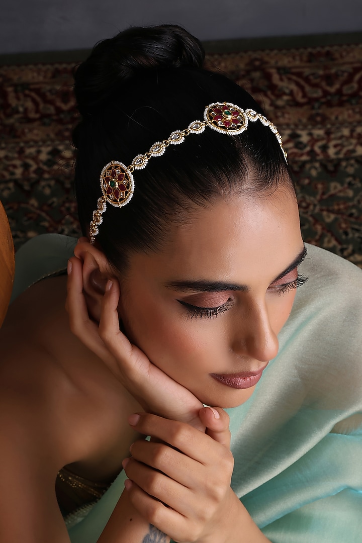White Gold Finish Multi-Colored Kundan Polki Sheeshphool by Swabhimann Jewellery at Pernia's Pop Up Shop