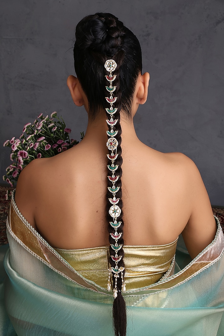 Gold Finish Multi-Colored Kundan Polki Handcrafted Hair Accessory by Swabhimann Jewellery at Pernia's Pop Up Shop