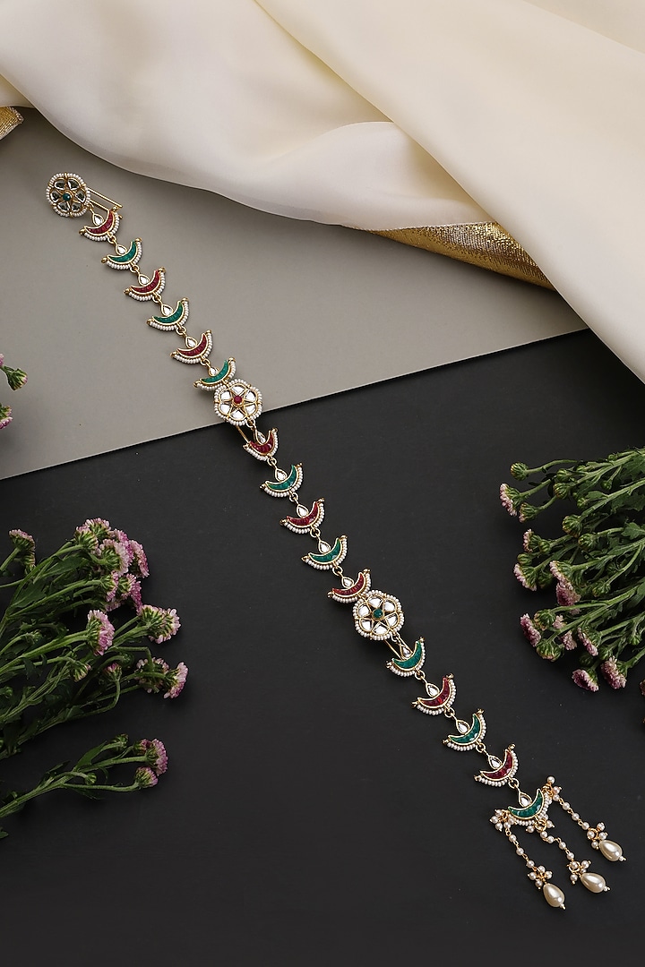 Gold Finish Multi-Colored Kundan Polki Handcrafted Hair Accessory by Swabhimann Jewellery at Pernia's Pop Up Shop