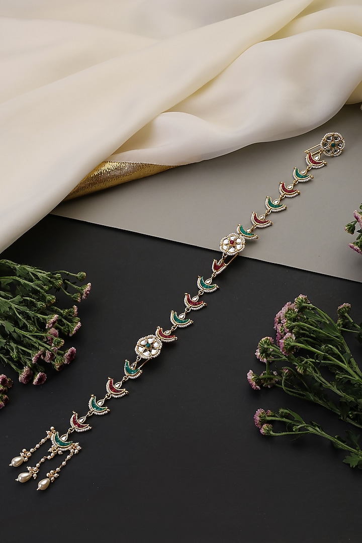 Gold Finish Multi-Colored Kundan Polki Handcrafted Hair Accessory by Swabhimann Jewellery at Pernia's Pop Up Shop