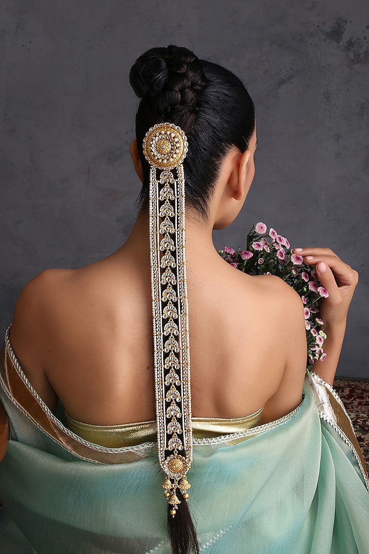 Gold Finish Kundan Polki Handcrafted Hair Accessory by Swabhimann Jewellery at Pernia's Pop Up Shop