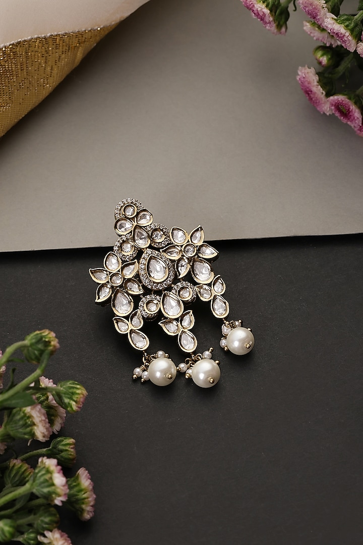 White Gold Finish Kundan Polki Handcrafted Brooch by Swabhimann Jewellery at Pernia's Pop Up Shop