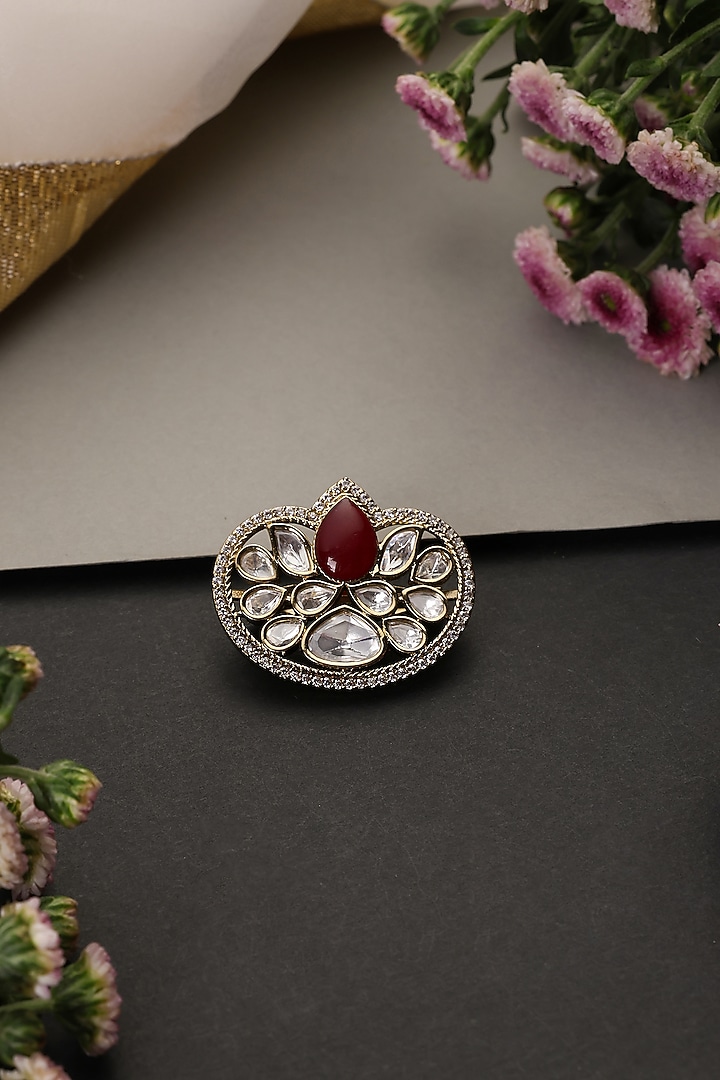 Gold Finish Red Kundan Polki Handcrafted Brooch by Swabhimann Jewellery at Pernia's Pop Up Shop