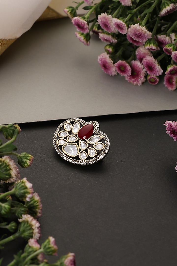 Gold Finish Red Kundan Polki Handcrafted Brooch by Swabhimann Jewellery at Pernia's Pop Up Shop