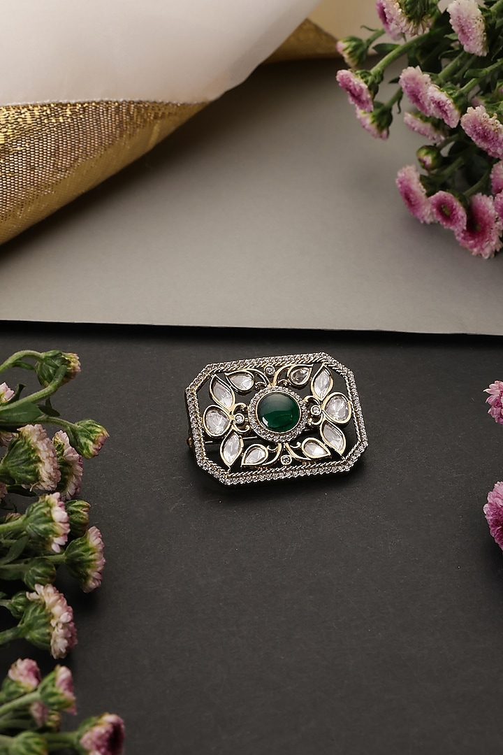 Gold Finish Green Kundan Polki Handcrafted Brooch by Swabhimann Jewellery at Pernia's Pop Up Shop