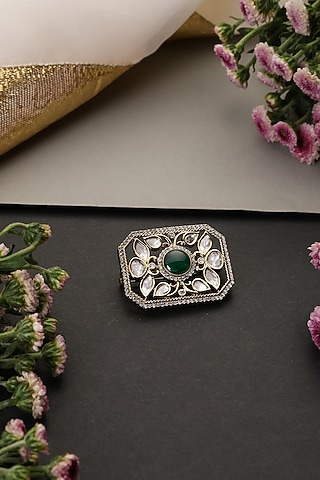 Gold Finish Green Kundan Polki Handcrafted Brooch by Swabhimann Jewellery