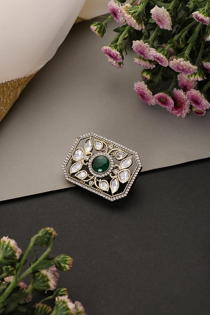 Gold Finish Green Kundan Polki Handcrafted Brooch by Swabhimann Jewellery at Pernia's Pop Up Shop