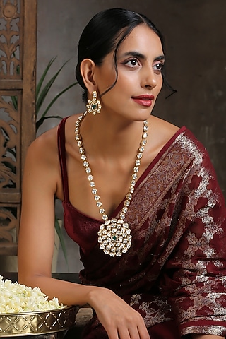 Gold Finish Kundan Polki Long Necklace Set by Swabhimann Jewellery