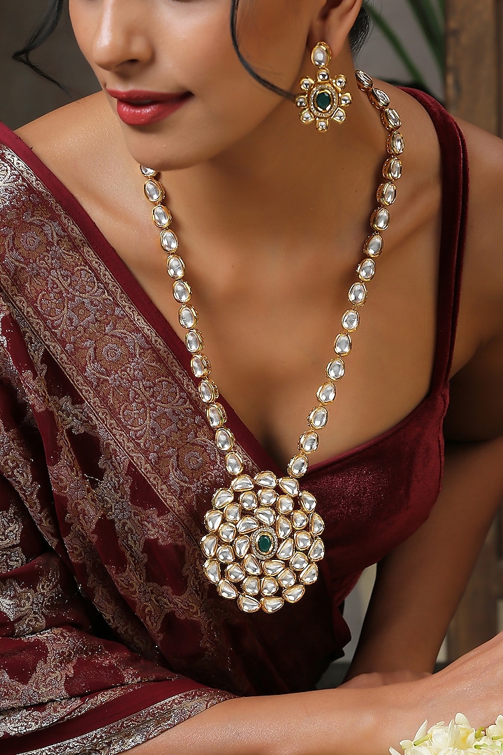 Gold Finish Kundan Polki Long Necklace Set by Swabhimann Jewellery at Pernia's Pop Up Shop
