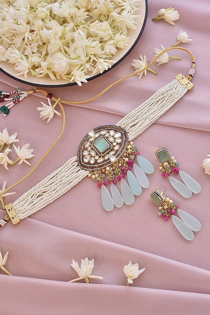Gold Finish Kundan Polki & Turquoise Necklace Set by Swabhimann Jewellery at Pernia's Pop Up Shop