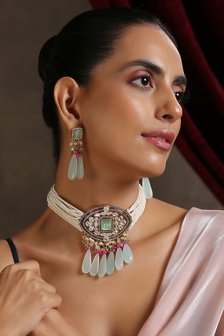 Gold Finish Kundan Polki & Turquoise Necklace Set by Swabhimann Jewellery at Pernia's Pop Up Shop