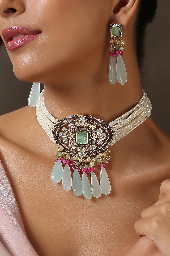 Gold Finish Kundan Polki & Turquoise Necklace Set by Swabhimann Jewellery at Pernia's Pop Up Shop