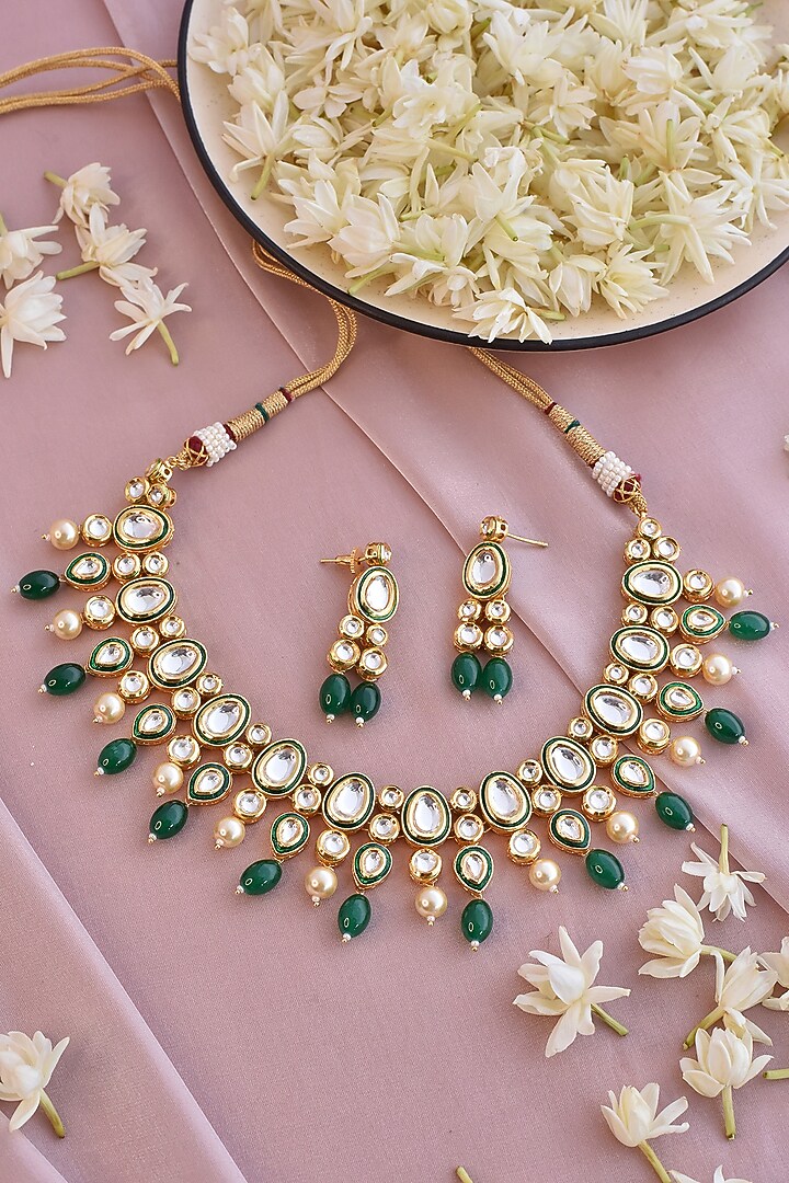 Gold Finish Emerald Stones Necklace Set by Swabhimann Jewellery at Pernia's Pop Up Shop