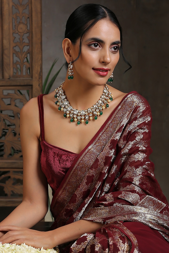 Gold Finish Emerald Stones Necklace Set by Swabhimann Jewellery at Pernia's Pop Up Shop