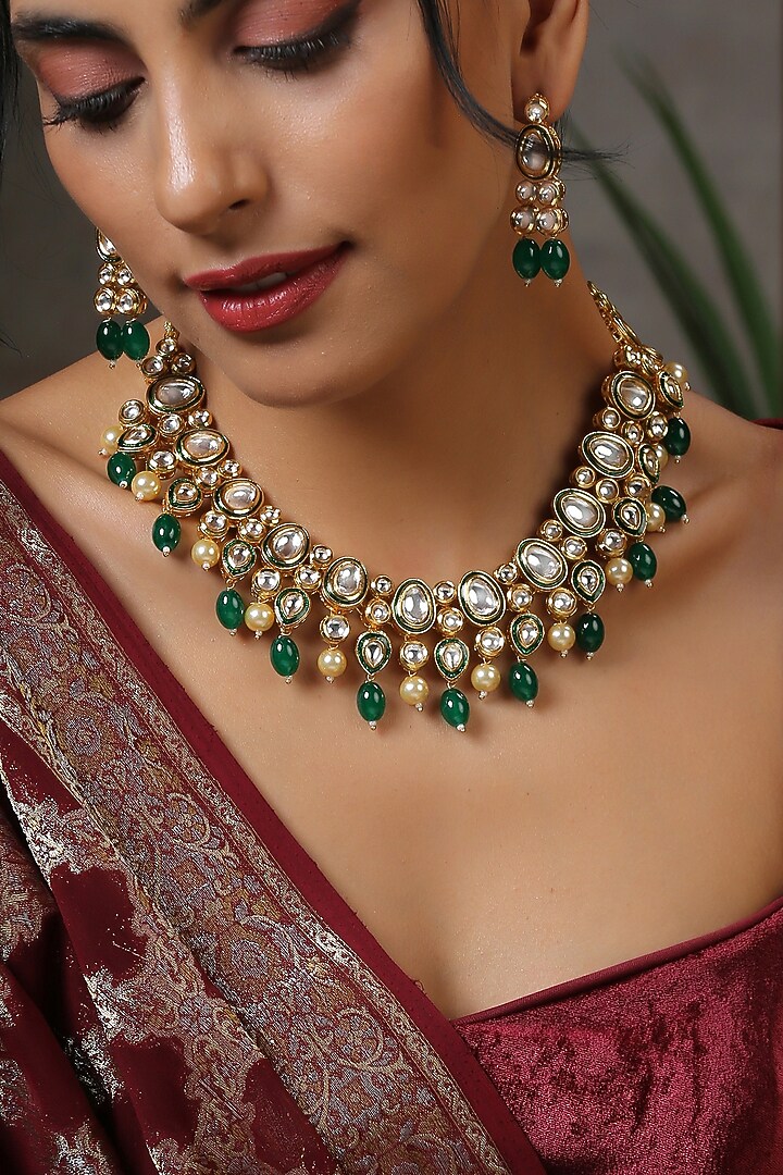 Gold Finish Emerald Stones Necklace Set by Swabhimann Jewellery at Pernia's Pop Up Shop