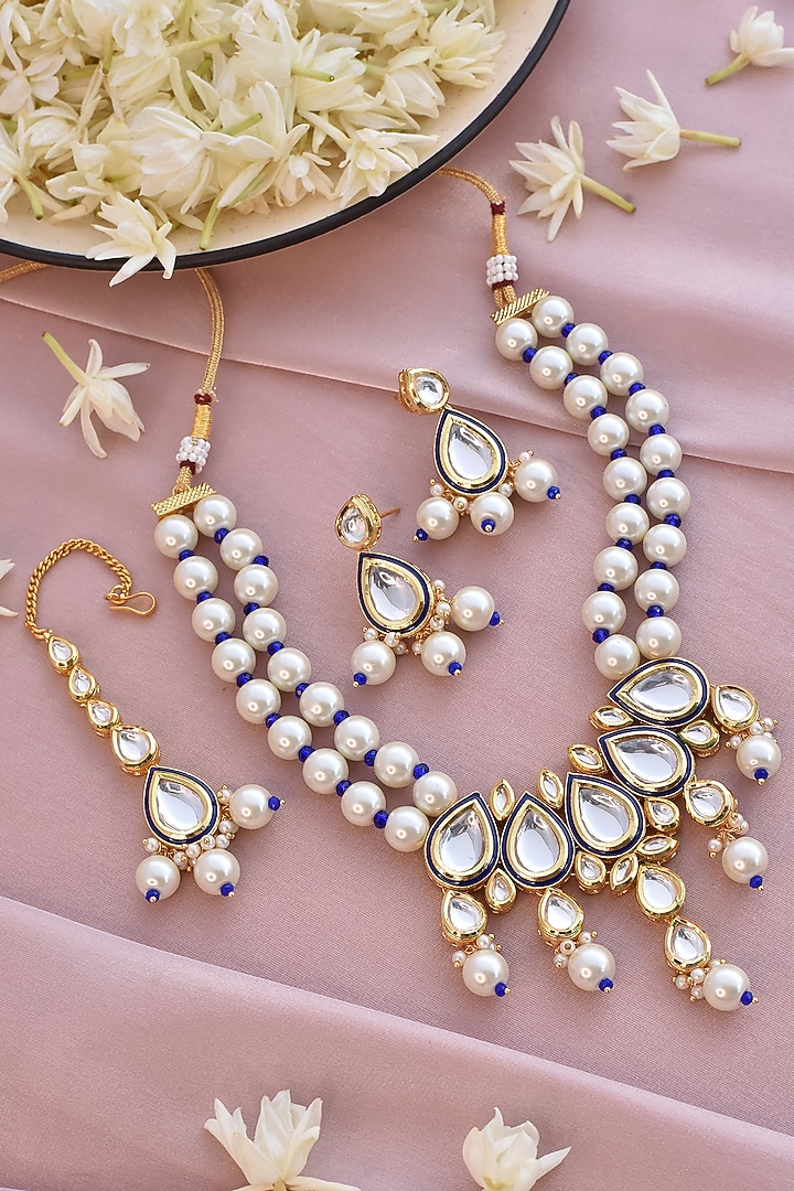 Gold Finish Kundan Polki & Pearls Necklace Set by Swabhimann Jewellery at Pernia's Pop Up Shop