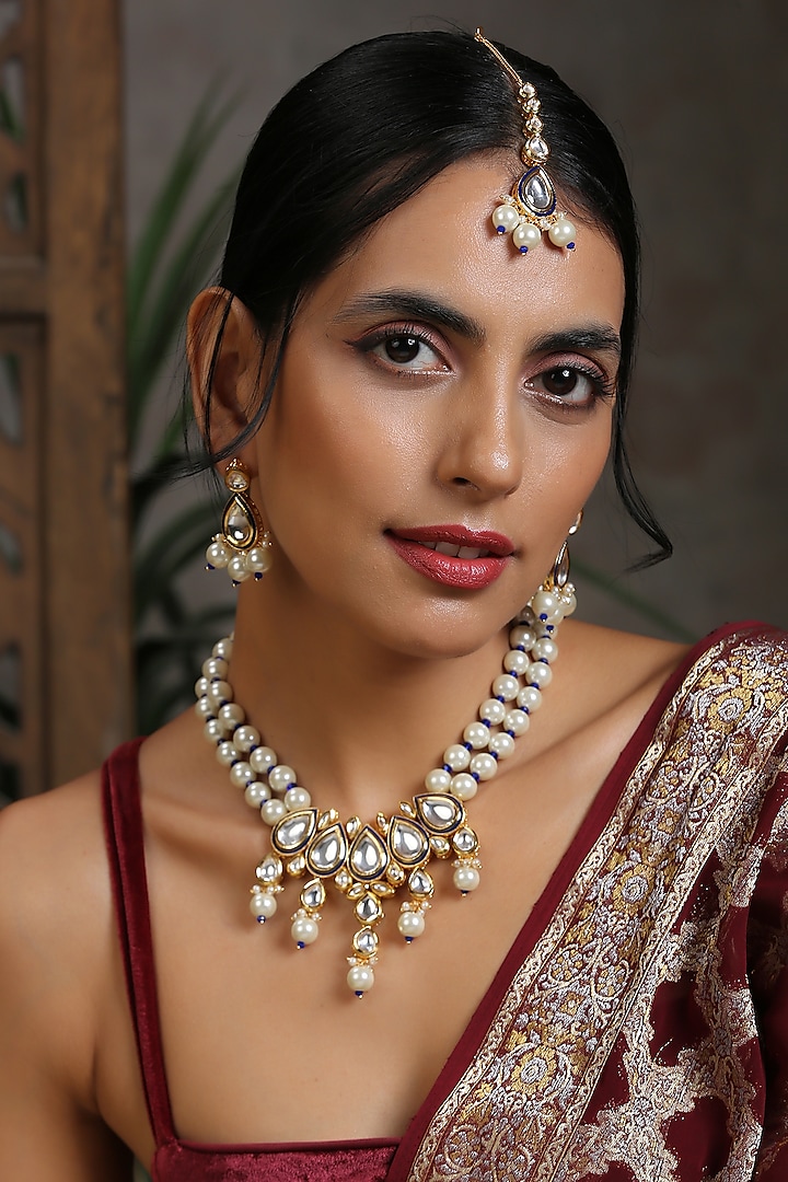 Gold Finish Kundan Polki & Pearls Necklace Set by Swabhimann Jewellery