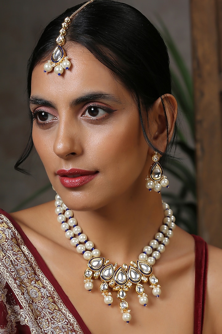 Gold Finish Kundan Polki & Pearls Necklace Set by Swabhimann Jewellery at Pernia's Pop Up Shop