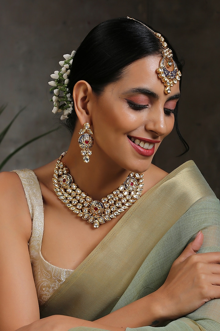 Gold Finish Handcrafted Kundan Necklace Set by Swabhimann Jewellery at Pernia's Pop Up Shop
