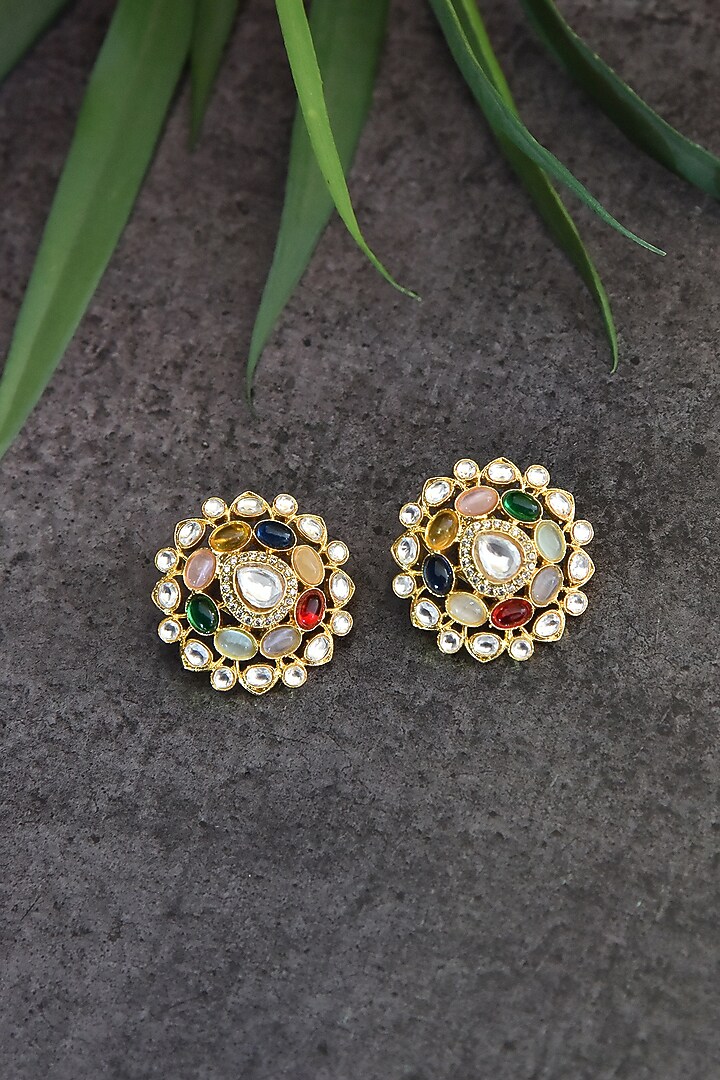 Gold Finish Navratna Stones Stud Earrings by Swabhimann Jewellery at Pernia's Pop Up Shop