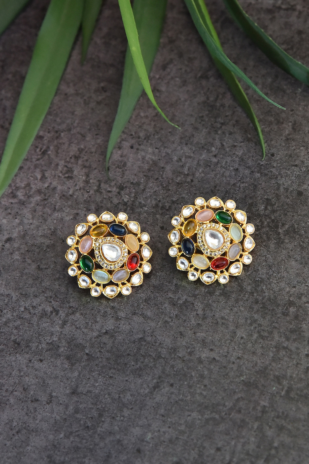 Gold Plated Navratna Stone Stud Earrings In Sterling Silver Design by  Ahilya Jewels at Pernia's Pop Up Shop 2023