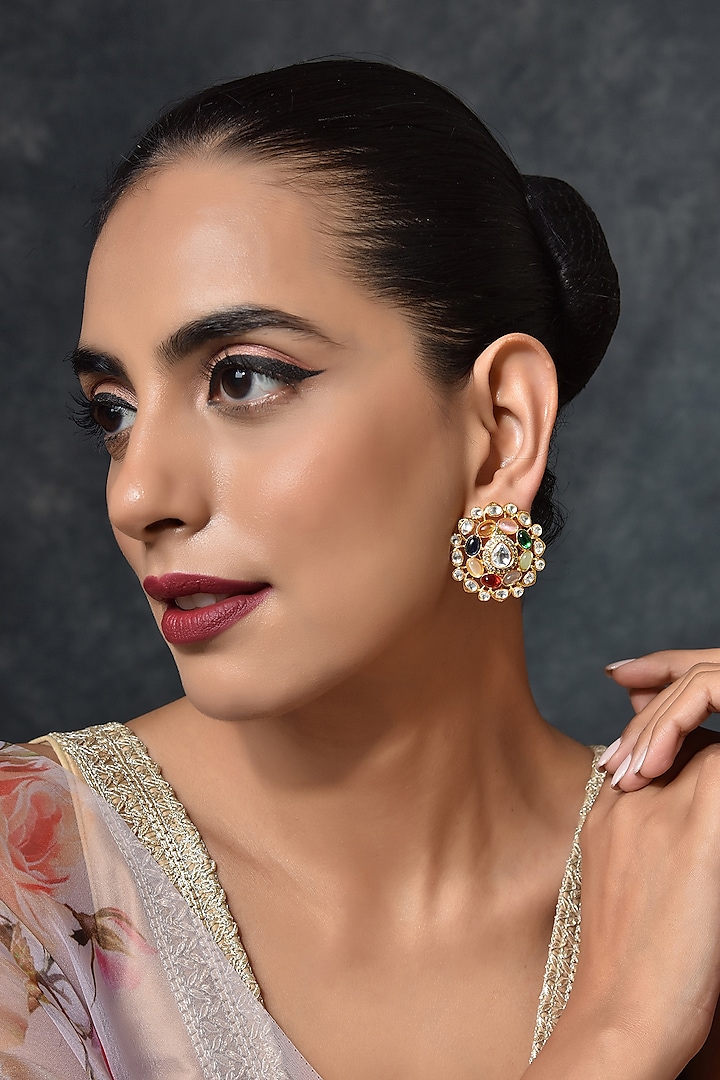 Gold Finish Navratna Stones Stud Earrings by Swabhimann Jewellery