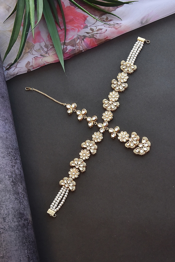 Gold Finish Kundan Polki & Pearls Mathapatti by Swabhimann Jewellery at Pernia's Pop Up Shop